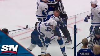 Morgan Rielly Drives Brayden Point Into Boards, Matthews And Stamkos Drop Gloves As Tempers Erupt