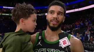 Jayson Tatum reacts to Celtics stealing Game 3, spoiling Joel Embiid's MVP night
