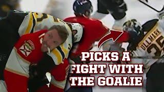 Matthew Tkachuk tries to fight the goalie Linus Ullmark, a breakdown