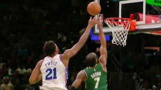 Joel Embiid chases down Jaylen Brown and denies him at the rim | NBA on ESPN